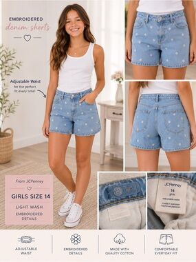 JCPenney Girls' Light Wash Embroidered Daisy Denim Shorts - Blue